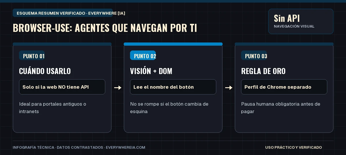 Esquema resumen en 3 pasos: Browser-Use: Agentes que Navegan por Ti