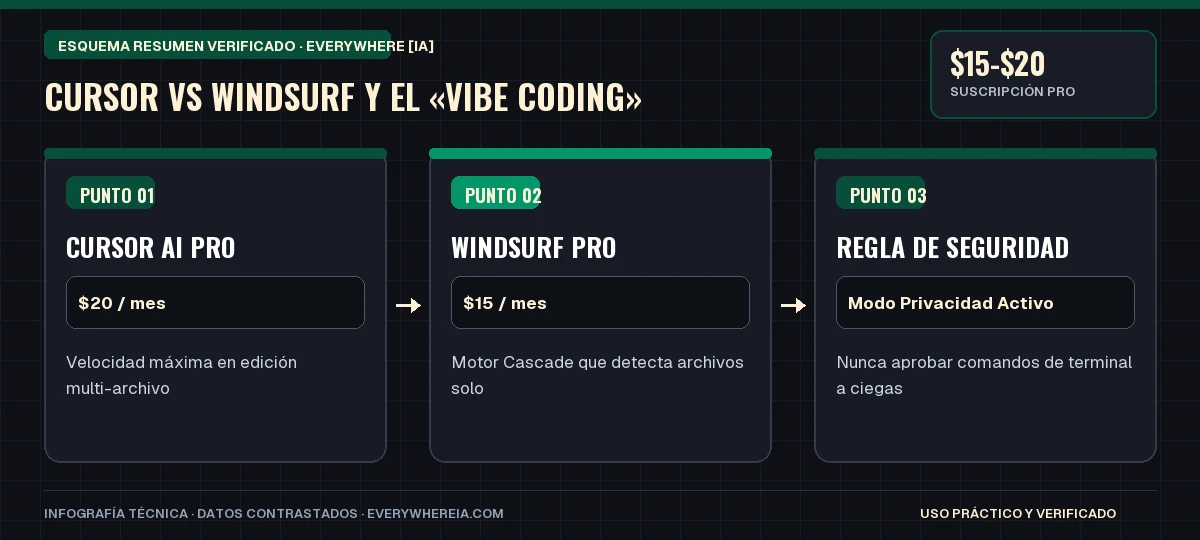 Esquema resumen en 3 pasos: Cursor vs Windsurf y el «Vibe Coding»