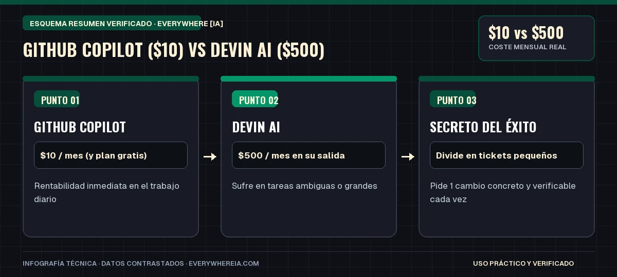 Esquema resumen en 3 pasos: GitHub Copilot ($10) vs Devin AI ($500)