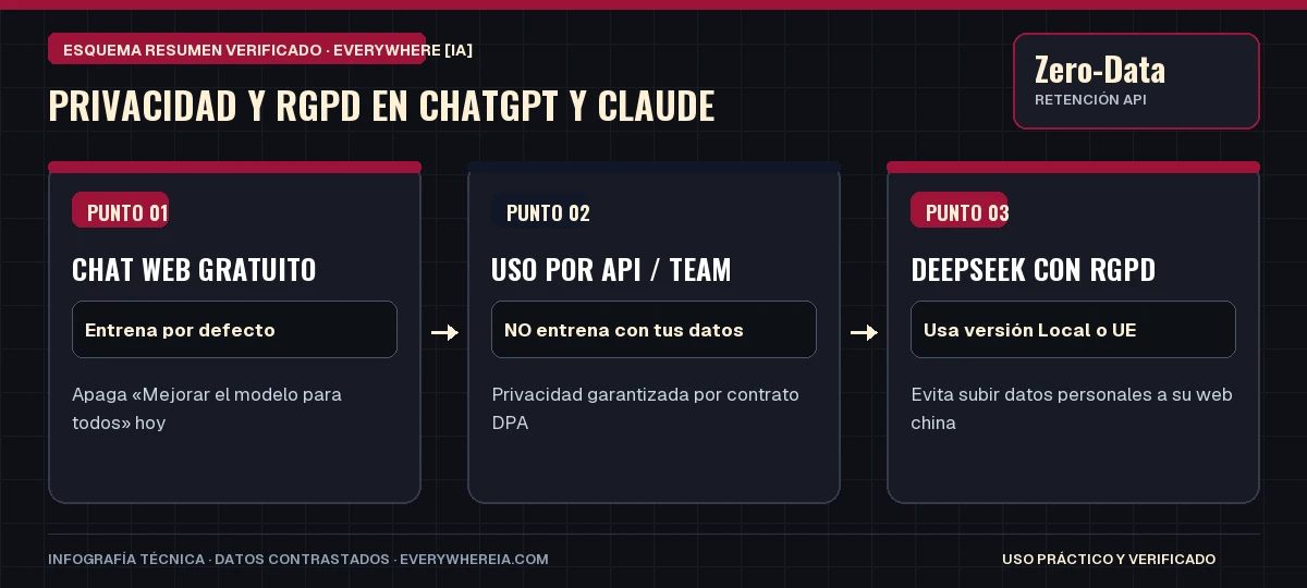 Esquema resumen en 3 pasos: Privacidad y RGPD en ChatGPT y Claude