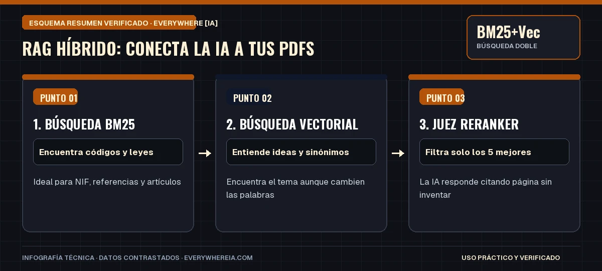 Esquema resumen en 3 pasos: RAG Híbrido: Conecta la IA a tus PDFs